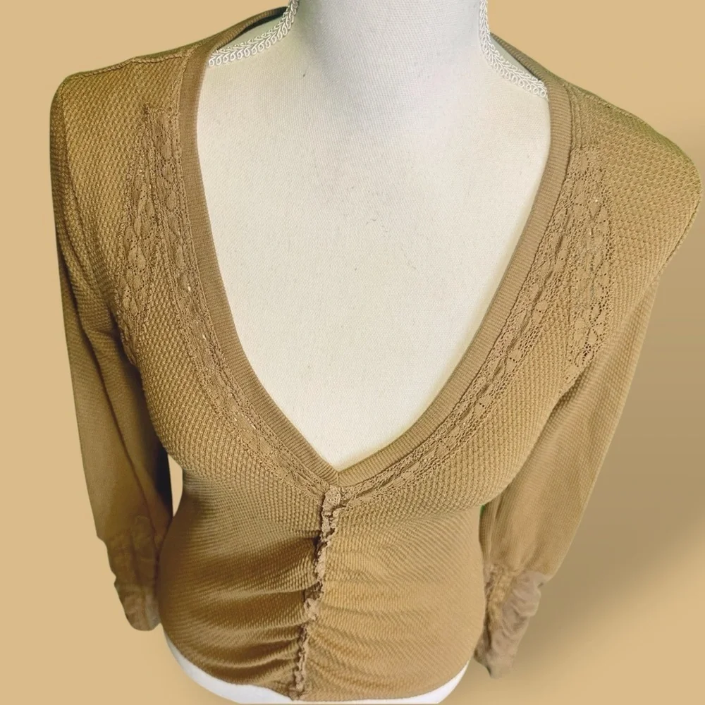 NWOT Free People ‘Wear Me Out’ Thermal Mesh Lace Cuff Sleeve Top in “Olive Leaf”